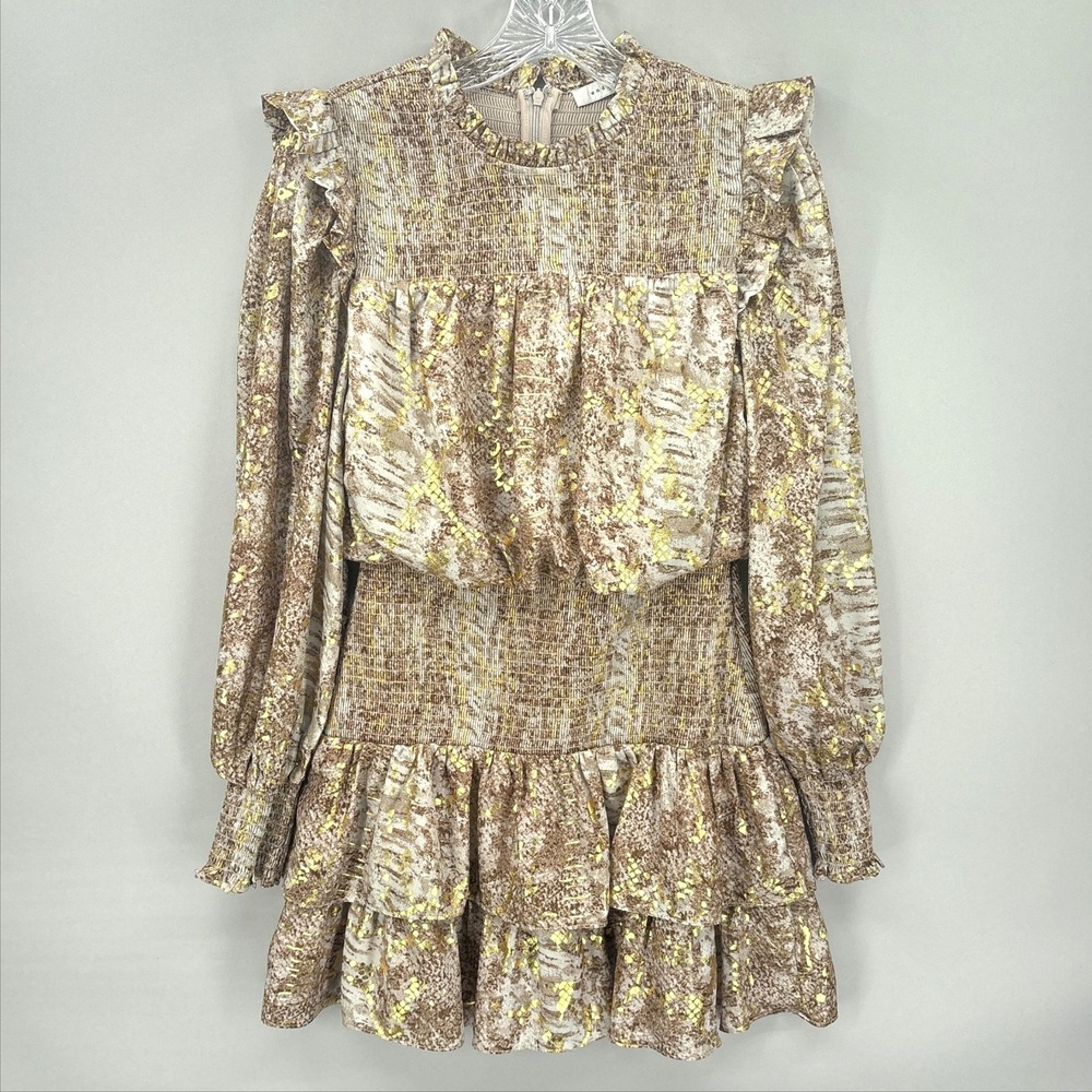Endless Rose Dress XS Brown Gold Animal Print Ruffle Long Sleeve Mini Fit Flare